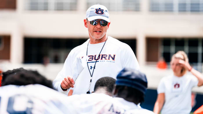 Coach Bryan Harsin addresses the team at Auburn's fall camp.